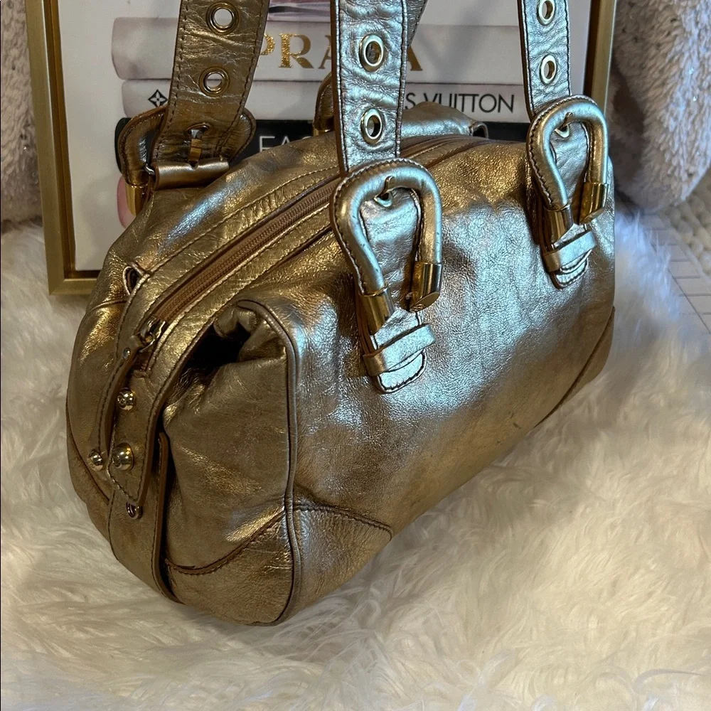 Francesco Biasia Gold Metallic Leather Satchel Shoulder Bag Structured handbag
